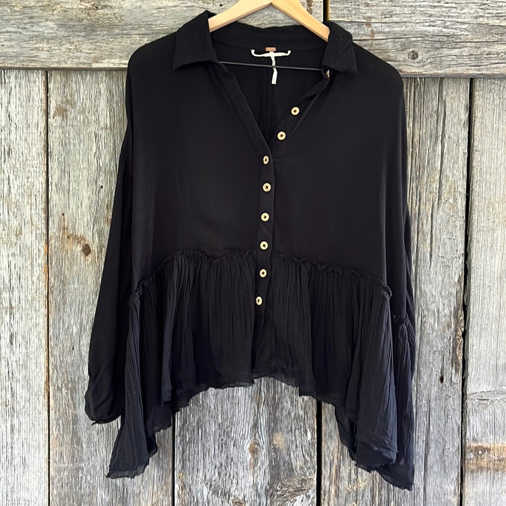 Free People Gauzy Boho Wooden Button Down Peplum Top